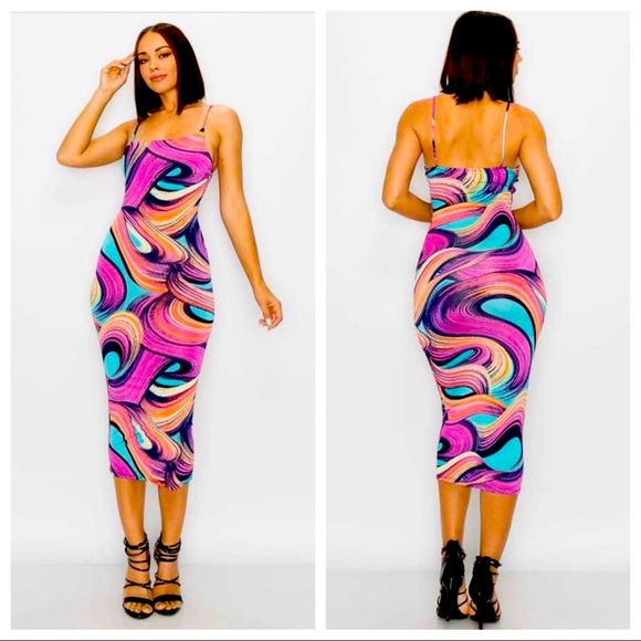 J. ELISE BOUTIQUE NEW TRENDY MAGENTA MULTI COLOR UNEVEN STRAP BODYCON MIDI DRESS - Picture 3 of 3